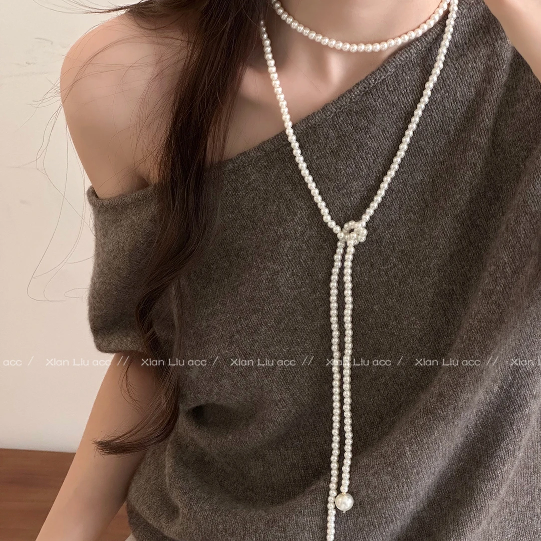 铜合金项链 长款仿珍珠项链女秋冬轻奢小众高级感毛衣链百搭配饰