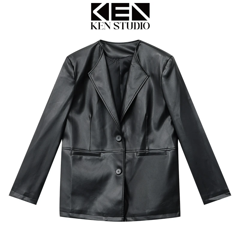 KEN STUDIO秋冬新款高级感黑色皮衣女宽松显瘦百搭西装外套上衣潮