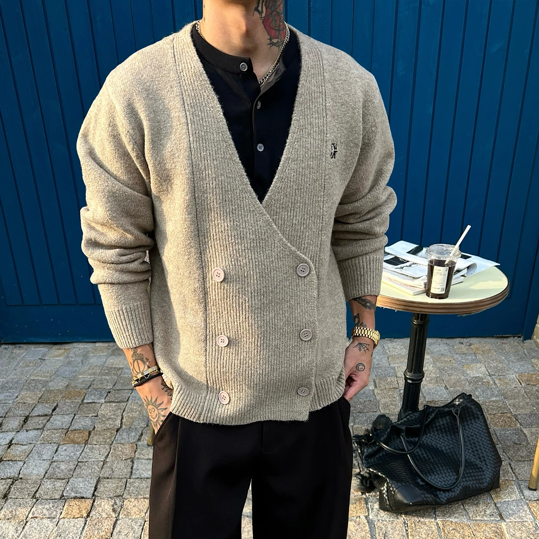 OXFREAK「双排扣 羊毛混纺」重工刺绣老钱风开衫毛衣男秋冬针织衫