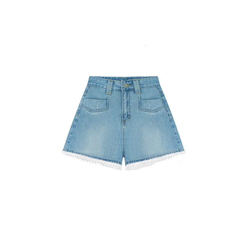 韩系蓝色蕾丝牛仔短裤女装夏季大码显高显瘦气质百搭辣妹热裤子