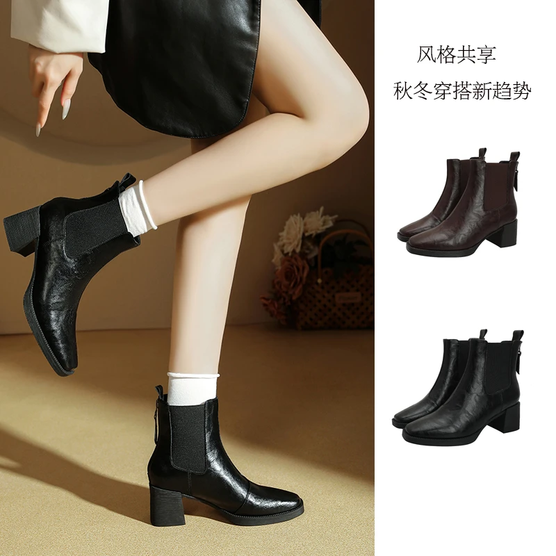 2025冬季新款粗跟短靴棕色靴子女中筒靴时装方头弹力式皮靴2978-2
