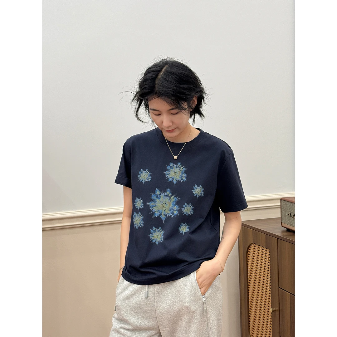 LANGQING 藏青色新款夏季小个子宽松休闲通勤印花T恤44381#