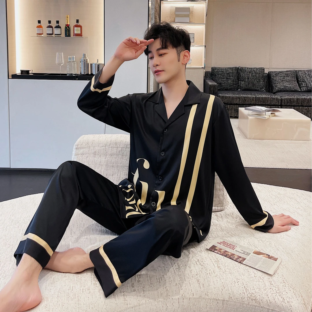 2025春夏季新款冰雪丝家居服睡衣时尚舒适薄款长袖长裤男士薄款