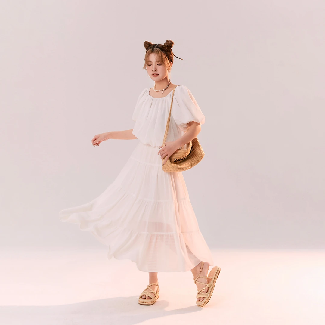 晶咕~彼年豆蔻圆领小衫长款伞裙套装女夏季大码两件套显瘦