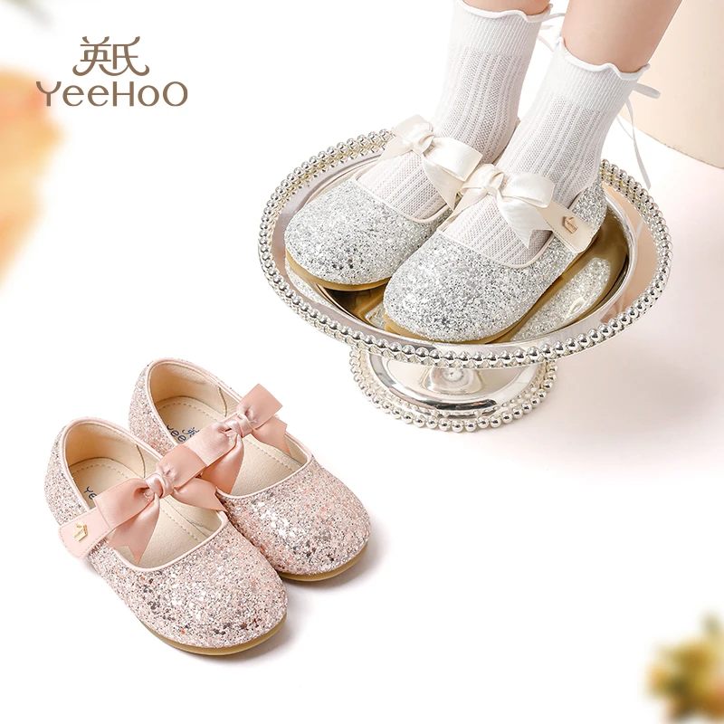 英氏童鞋女童公主鞋水晶软底小女孩皮鞋银色单鞋亮片女宝儿童鞋子