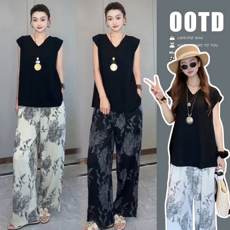 孕妇潮款休闲显瘦夏装时髦套装印花薄款阔腿裤气质短袖上衣两件套