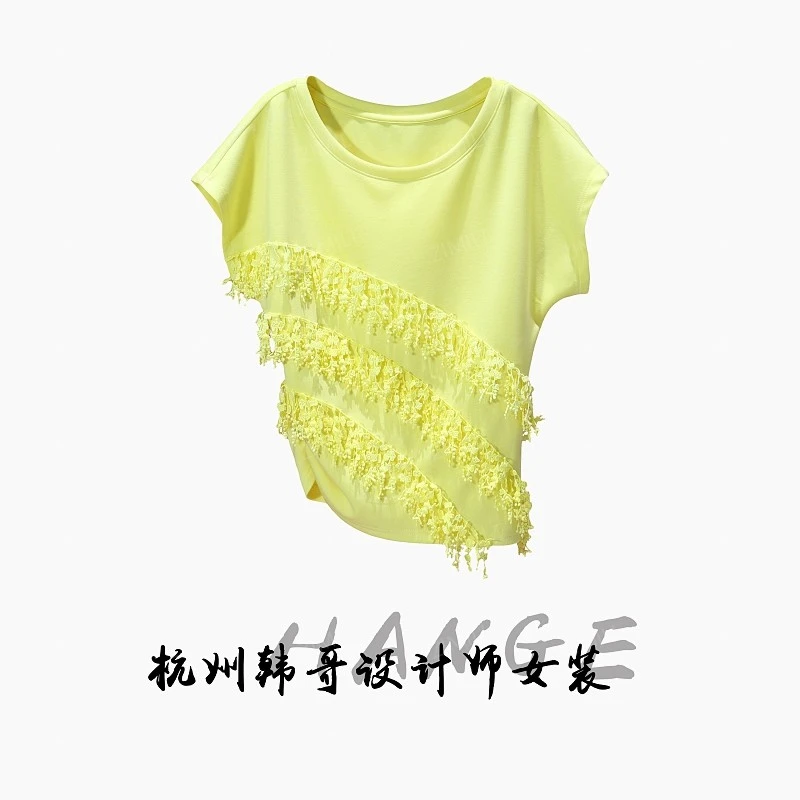 【韩哥女装】欧版设计《云纱》莱赛尔天丝鹅黄色立体拼接短袖7821