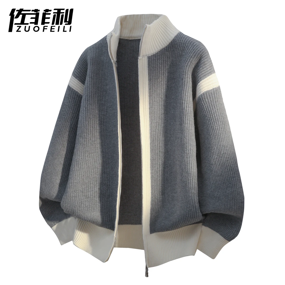 美式风毛衣外套男秋冬季撞色立领针织开衫夹克男宽松保暖毛线褂子