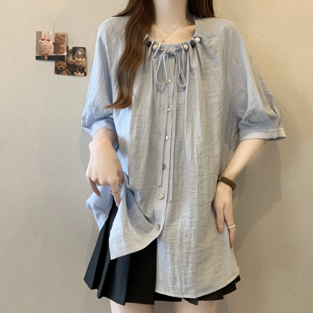 卡莲格/大码女装衬衫串珠系带圆领宽松上衣夏季韩系风中长款短袖