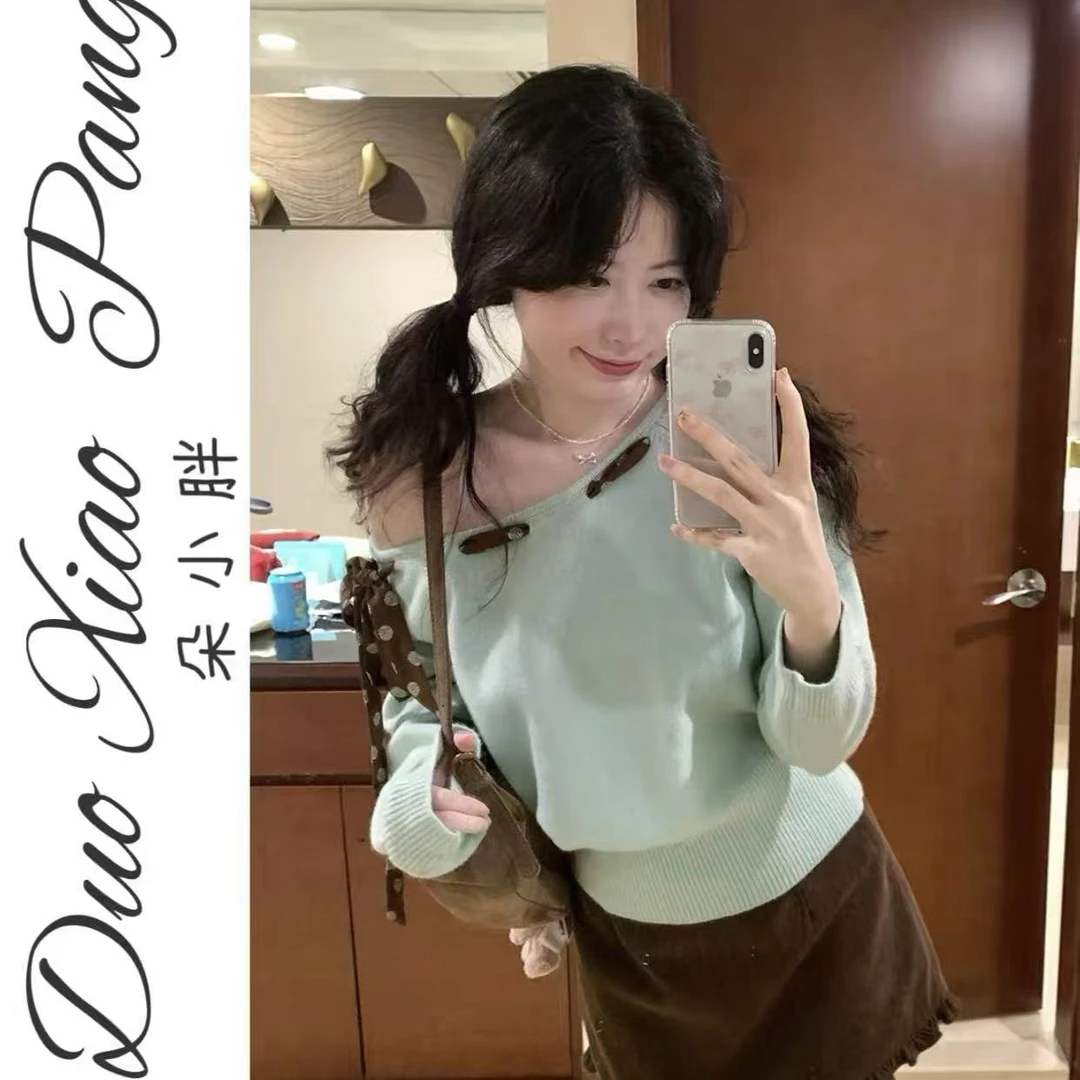 1220大码女装一字肩波点绑带毛衣女秋设计感露肩长袖针织上衣