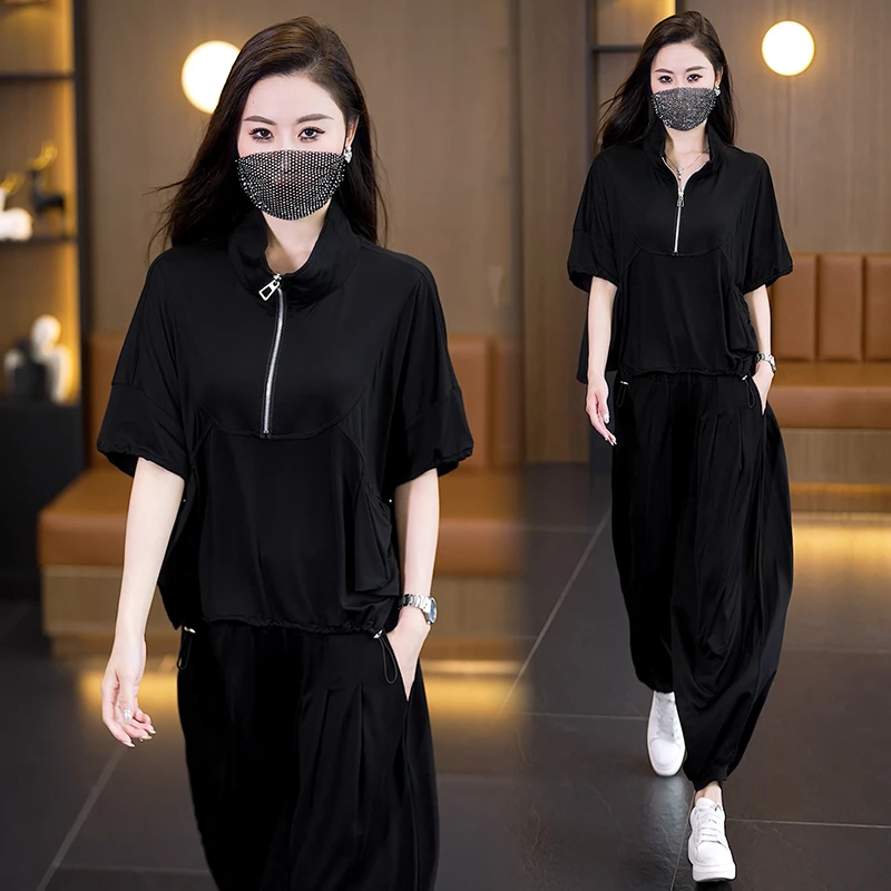 2025夏新款洋气大码女装舒适套装时尚宽松显瘦两件套气质休闲套装