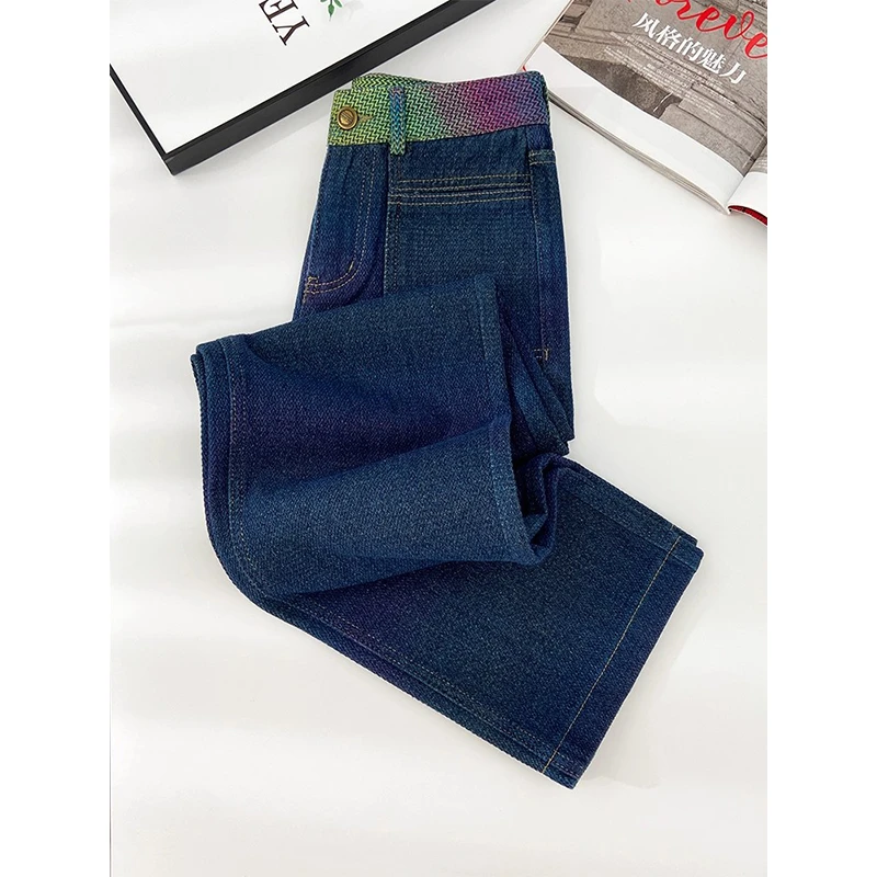 拉夏贝尔深蓝色窄版阔腿牛仔裤女秋冬2025新款高腰显瘦拼接直筒裤