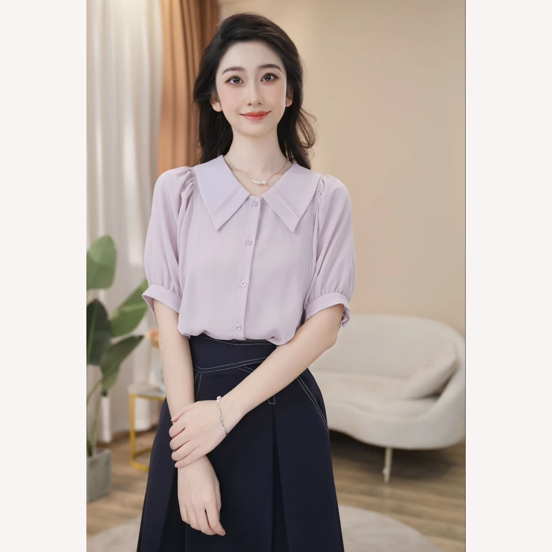 【曼贝】气质款短袖衬衫女高级感时尚洋气法式衬衣8492449【甜甜】