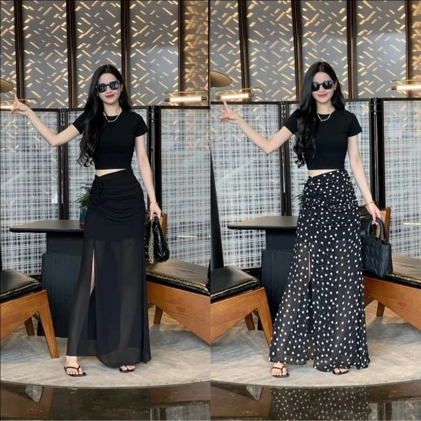 春夏新款法式复古百搭高腰显瘦侧开衩半身长裙