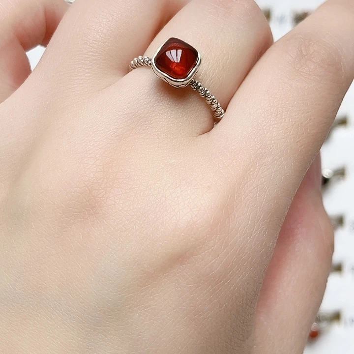 血珀戒指银S925镶嵌天然