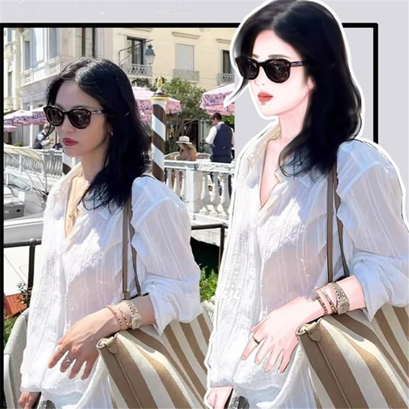 宋慧乔同款衣服夏季新款宽松薄款长袖衬衣防晒衫竖条纹白色衬衫女