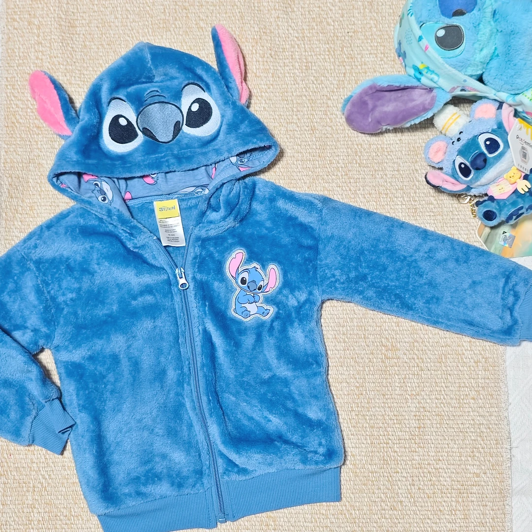 外贸原单珊瑚绒拉链儿童外套史迪仔加绒立体造型帽子