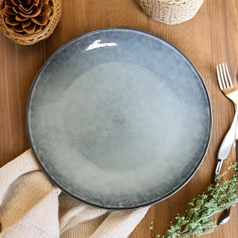 新款【2个装】辣3509家用简约盘子灰蓝色复古创意陶瓷有釉点瑕疵