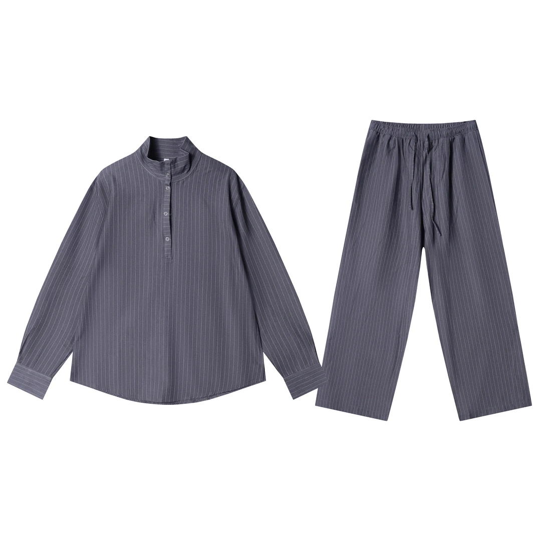 秋夏季新款时尚个性简约老钱风竖条纹半纽扣衬衫直筒裤百搭套装