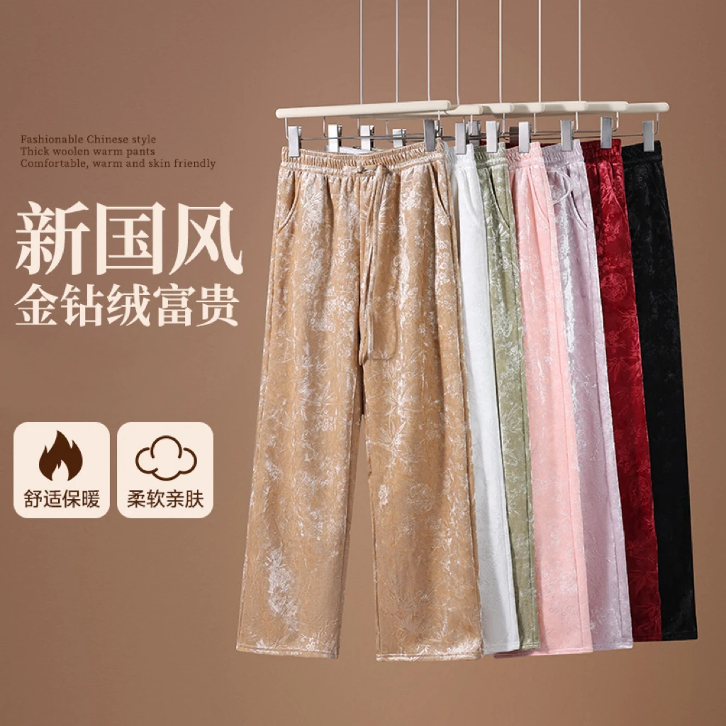 【春季上新】新国风金钻绒富贵竹印花窄版直筒裤做工精细【带口袋】