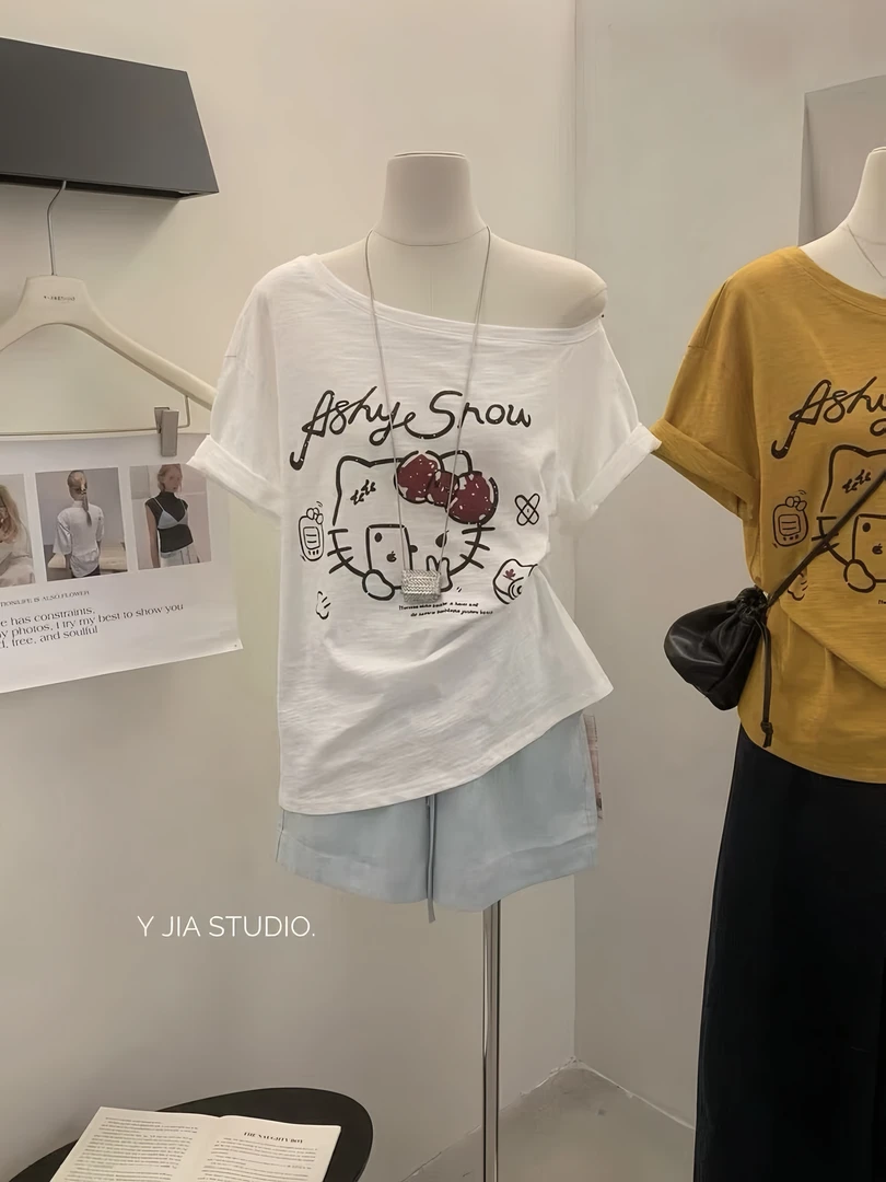 MAMIE【自拍Kitty】夏季新款百搭斜肩露肩慵懒韩版短袖T恤上衣