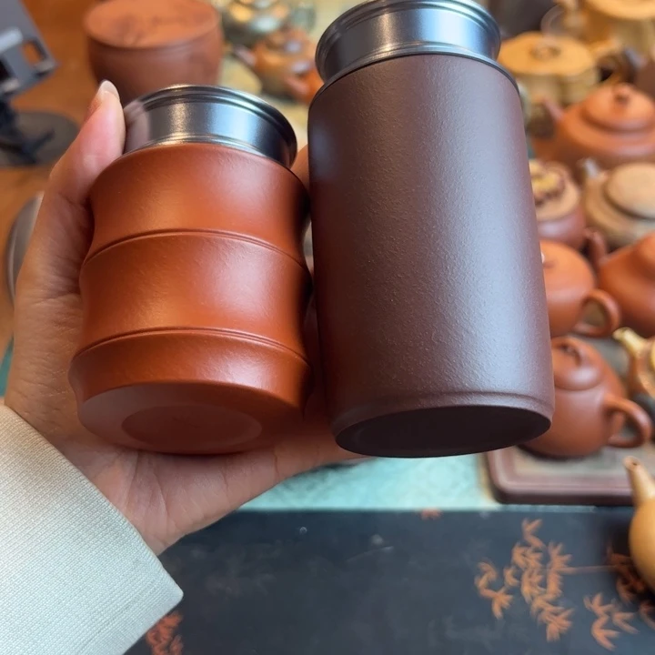 摆件茶叶罐一对红泥