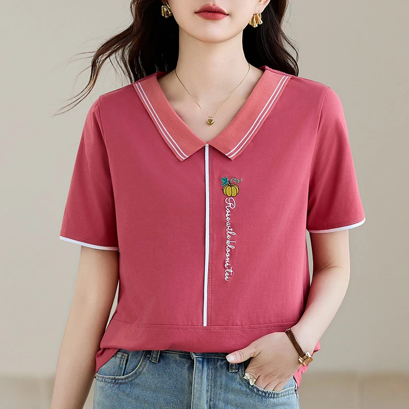 【精梳棉宽松翻领短袖】2025新款洋气减龄半袖大码显瘦小众韩版上衣