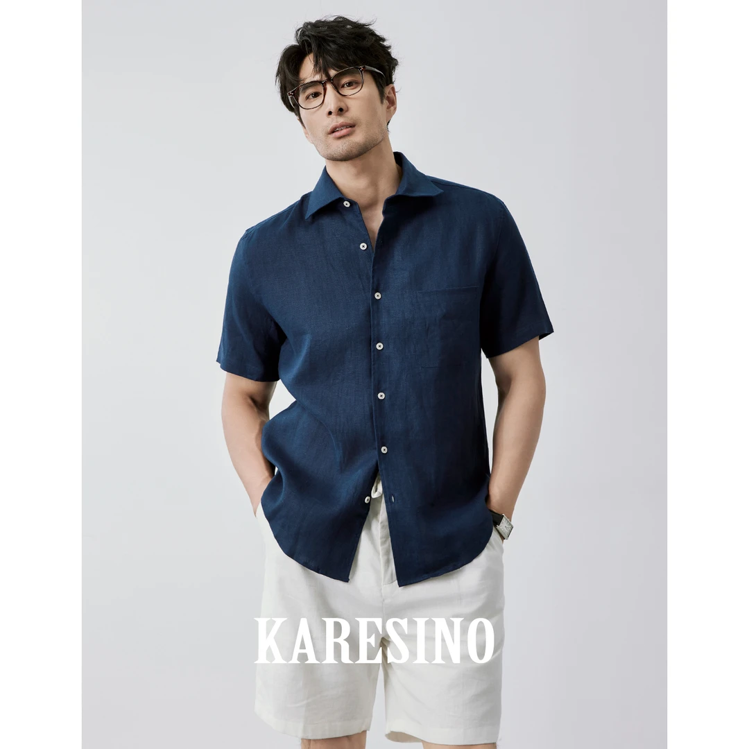 KARESINO高定夏季100％亚麻老钱风男士短袖衬衣休闲商务衬衫男装