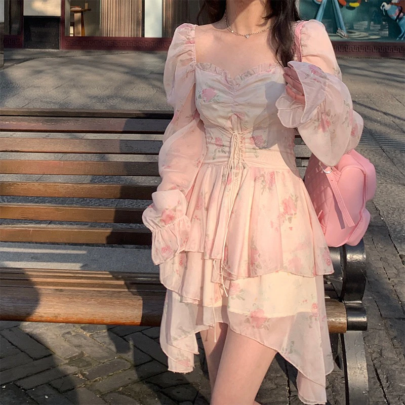 大码女装粉色碎花荷叶边蓬蓬裙收腰显瘦仙女长袖连衣裙