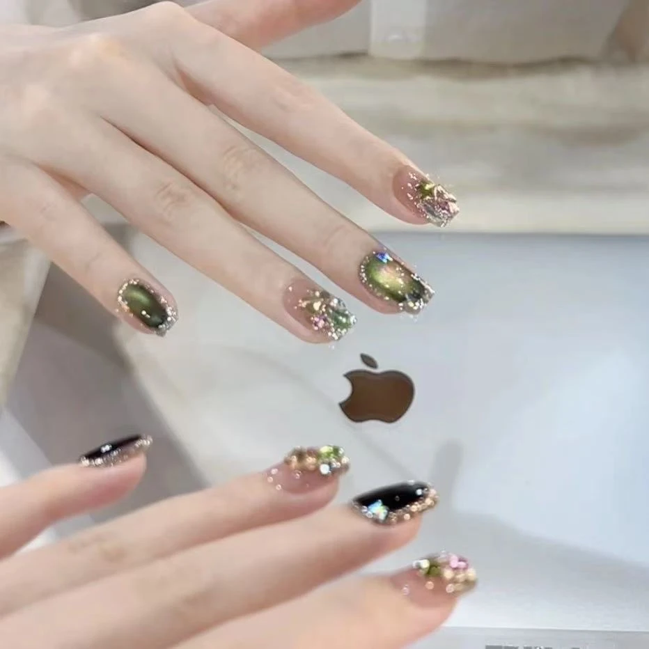 【粉绿-宫墙柳】爆闪绿色猫眼拼钻 气质高贵显白纯手工穿戴美甲百搭