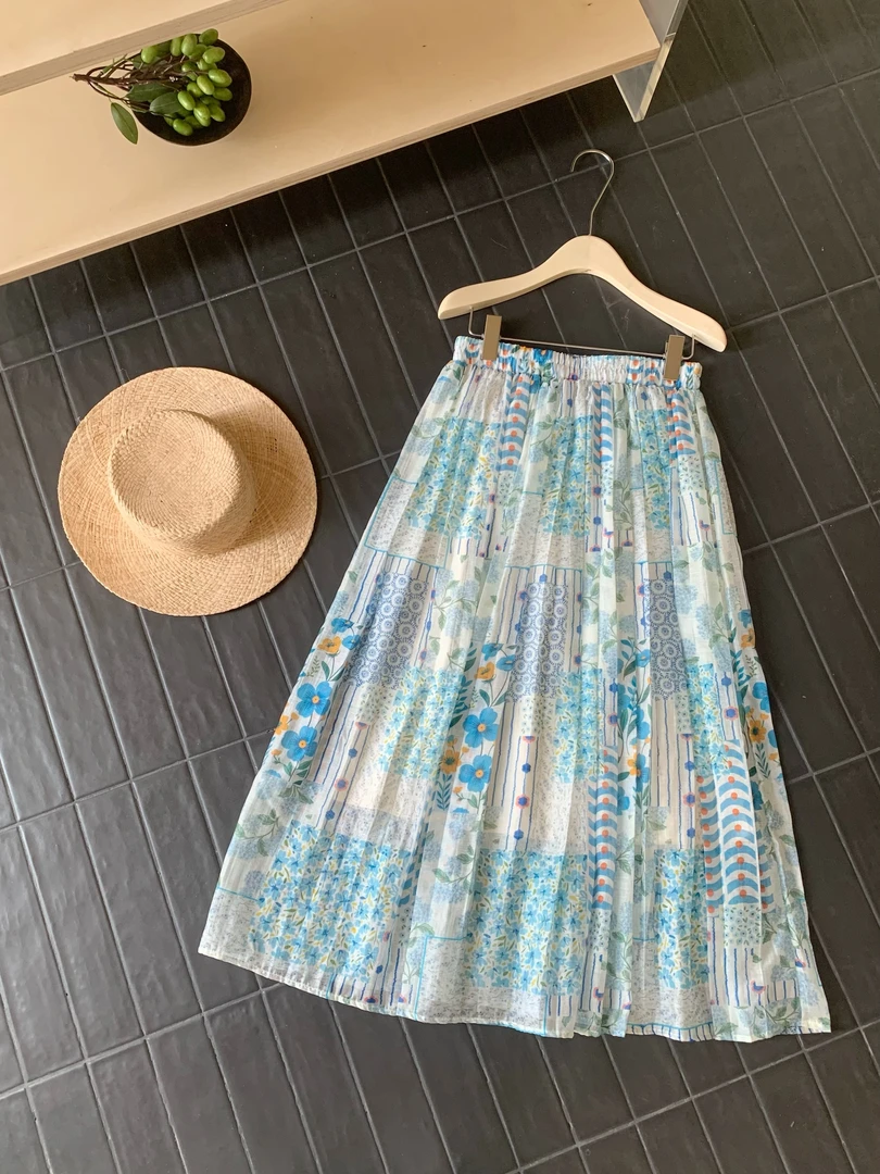 【玥玥家】蓝色碎花裙-夏季百搭舒服百褶裙【317】