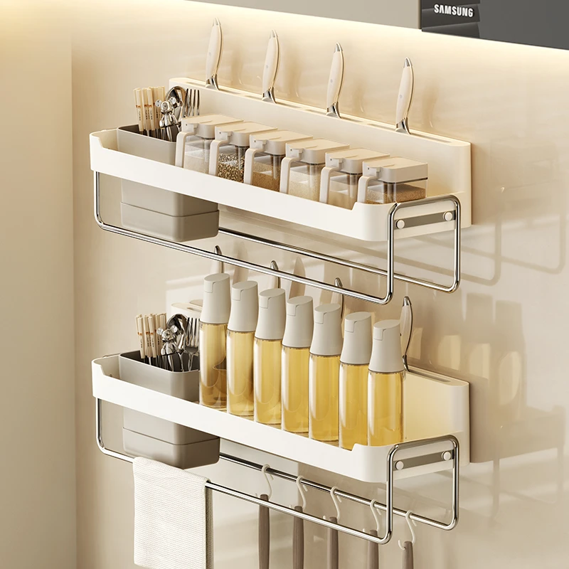 厨房刀具调味罐置物架多功能免打孔刀架一体筷子筒壁挂收纳架上墙