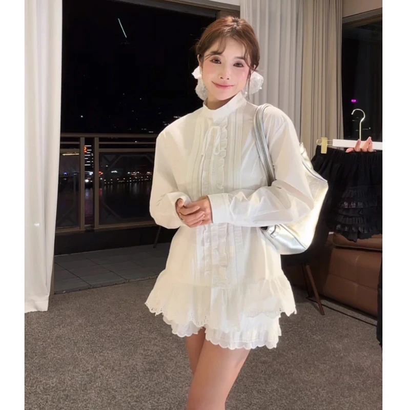 2025早春新款韩系长袖衬衫荷叶边领衬衣小众设计气质显瘦甜美风