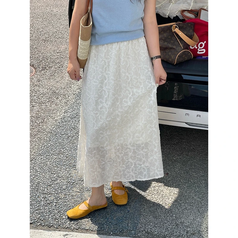 WenWen小个子韩系温柔立体蕾丝花朵白色显瘦百搭半身裙3609