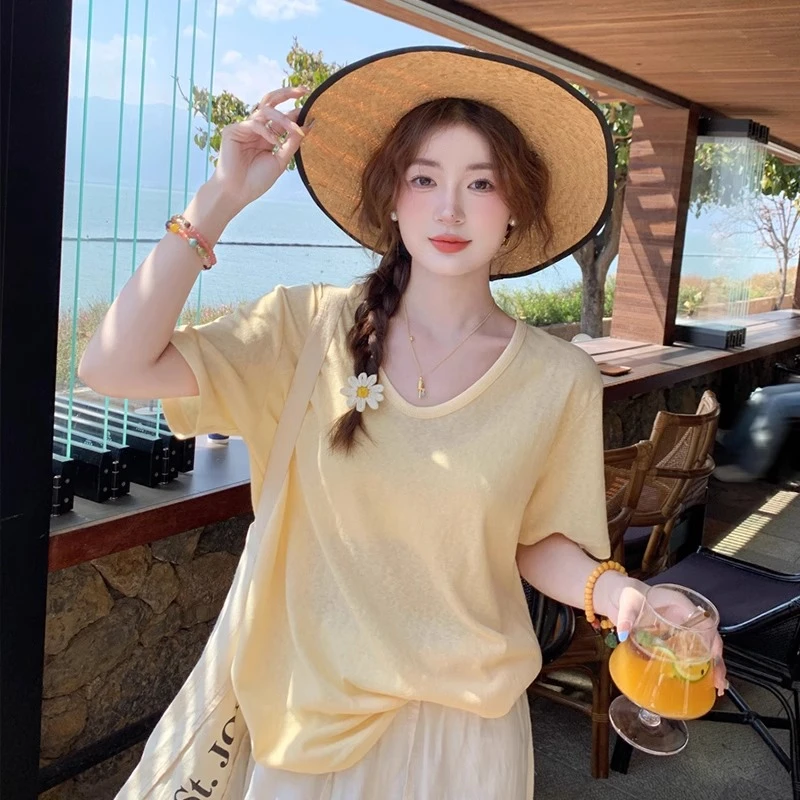 黄色V领冰丝短袖T恤女2025夏新款慵懒宽松薄款竹节棉麻上衣