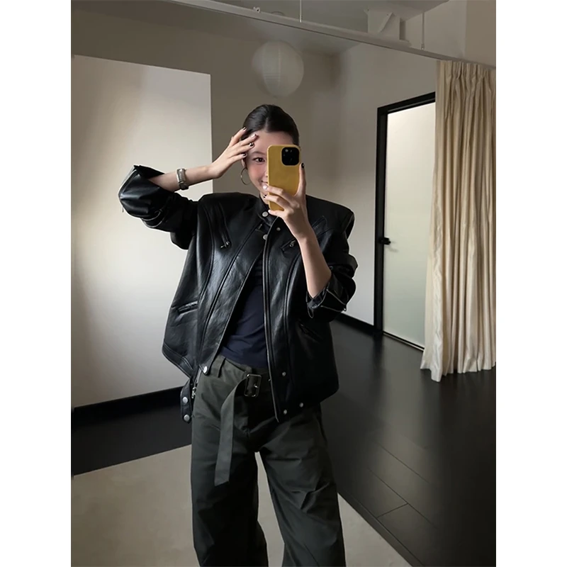 高级感复古黑色皮衣外套女春秋季新款港风宽松百搭机车服夹克上衣