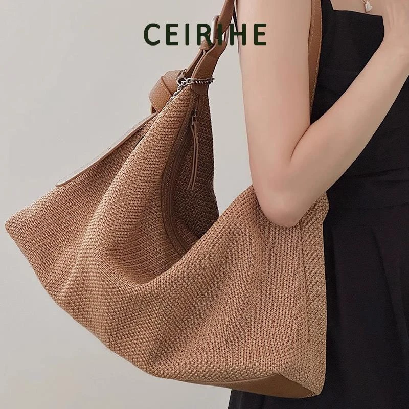 CEIRIHE 海边度假休闲草编腋下包女夏日慵懒风编织单肩斜挎托特包