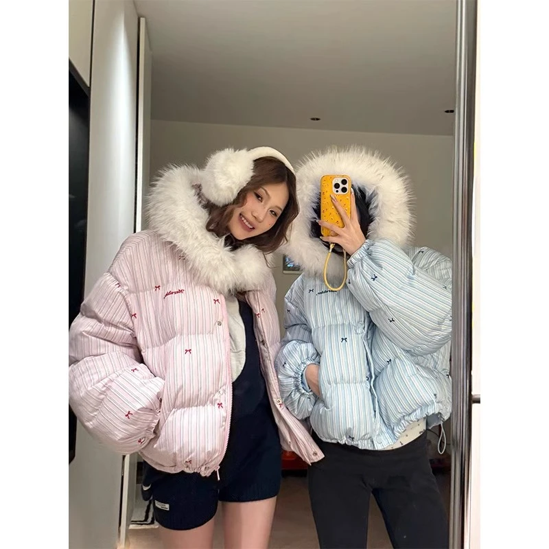 可爱蝴蝶结粉色棉服连帽毛领外套女冬季小个子加厚短款面包服穿搭