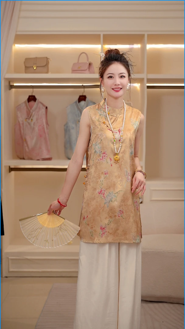 【梦荷】新中式女装时尚新款长款无袖爆款国风女装斜扣气质复古上衣