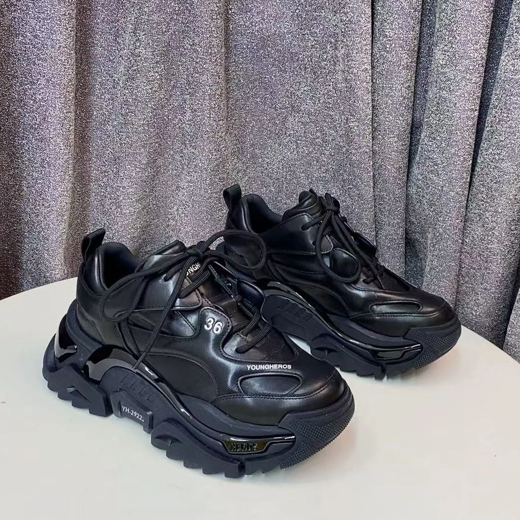 C3262  黑色  高端时尚厚底圆头系带女休闲运动老爹鞋