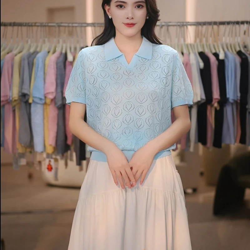 桑蚕丝＋天丝莱赛尔翻领针织2025新款短袖针织上衣时尚百搭7608