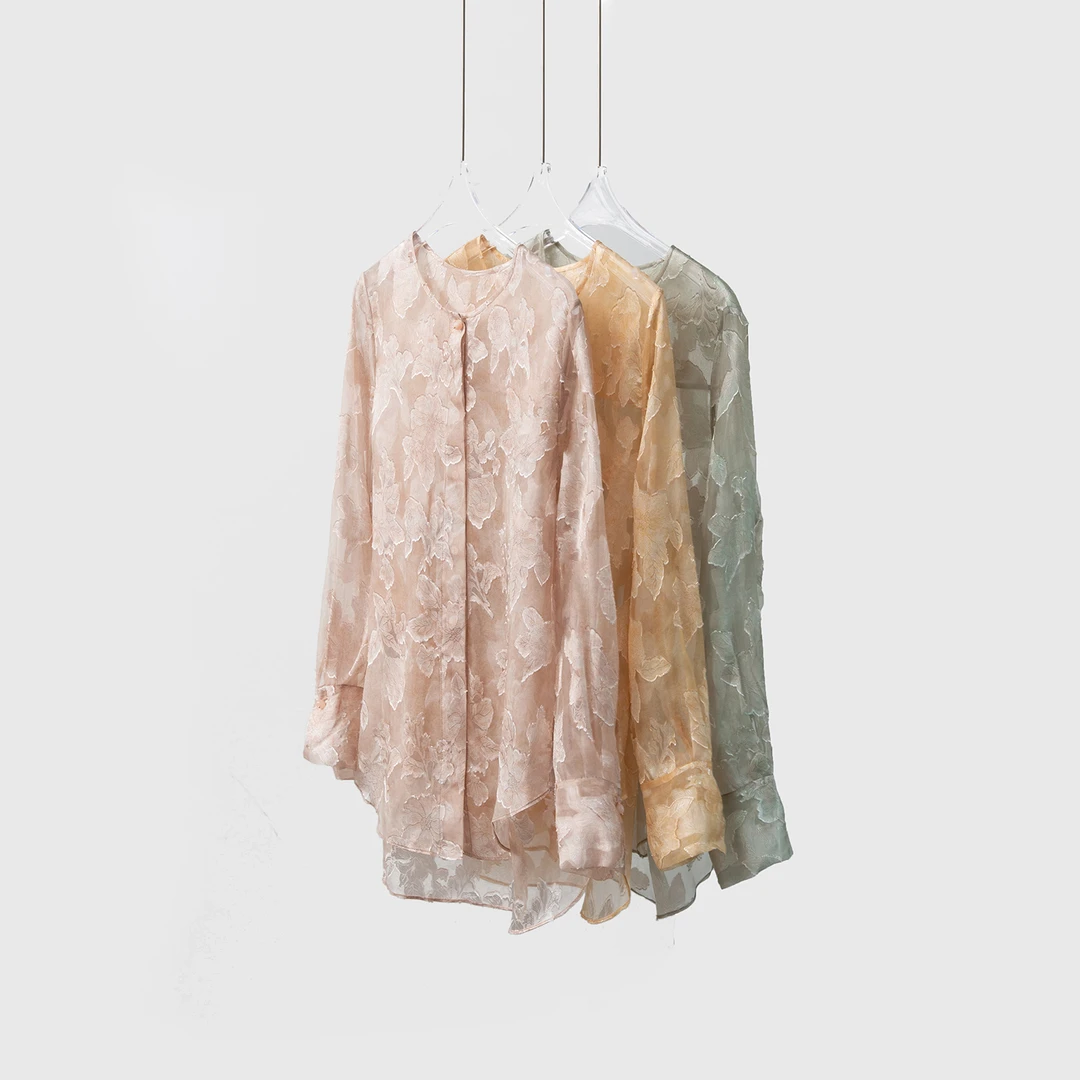 SILVIYE欧根纱真丝烧花外套女100%桑蚕丝开衫上衣新中式WT52109