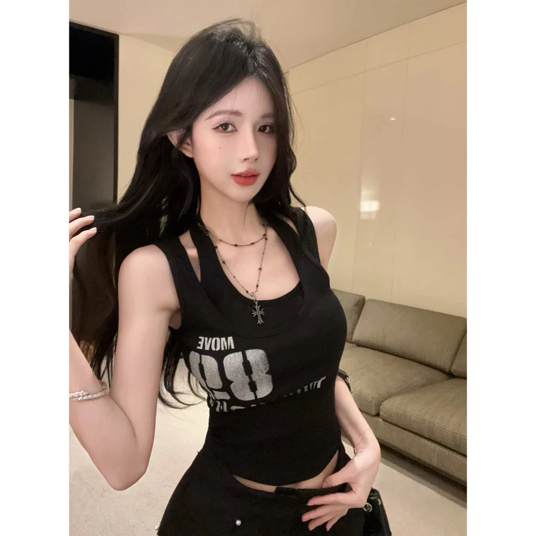 2025夏季修身美式辣妹字母印花假两件港味背心修身纯欲外穿吊带女