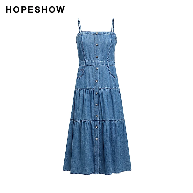 红袖夏女装 X收腰侧拉一字领套头吊带牛仔连衣裙89424171640