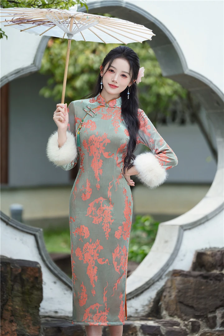 新款千金大小姐国风印花复古新中式旗袍裙改良高档修身显瘦连衣裙