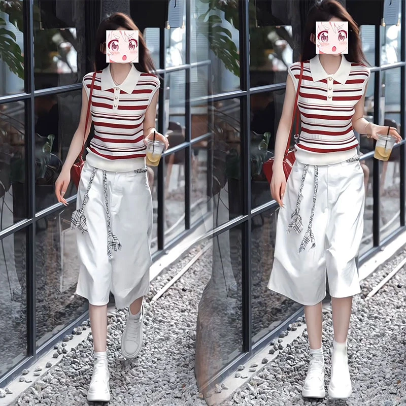 韩版时尚夏季穿搭撞色纯欲polo领无袖针织衫百搭宽松中裤子两件套