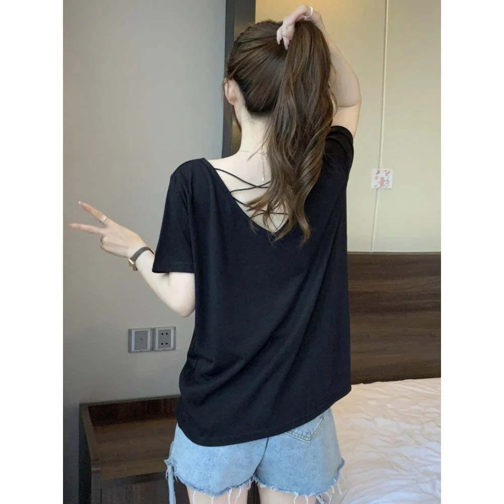 设计感露背短袖t恤女夏装2025新款大码胖mm遮肚显瘦美背体恤上衣