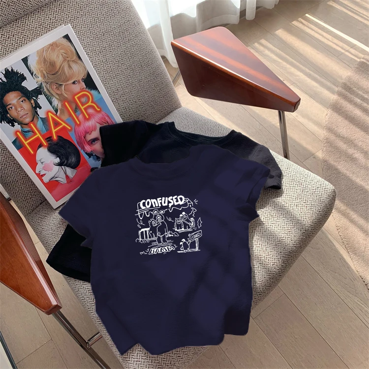 藏青色正肩短袖t恤女装2025夏季新款修身棉质体恤洋气减龄上衣服