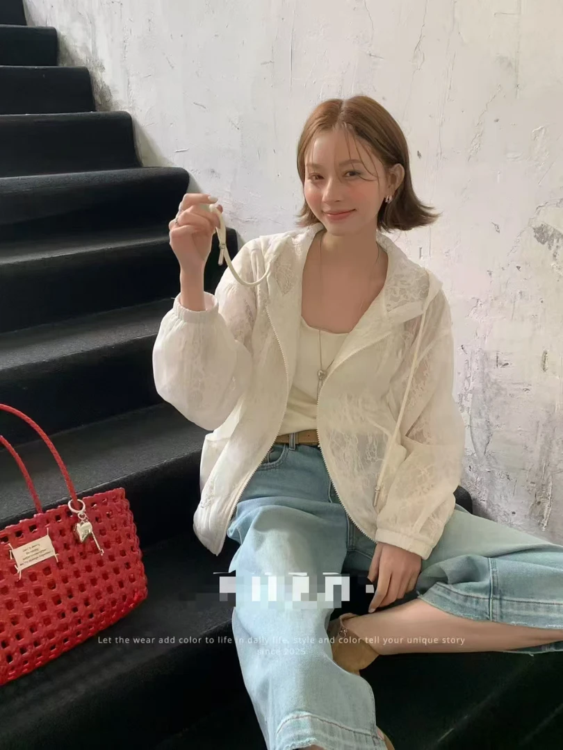 炸款～意法货夏季防晒衣连帽短款白色韩刺绣633