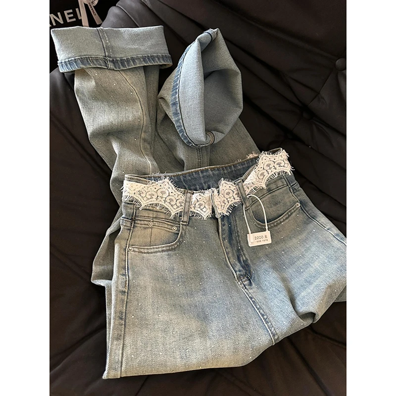 大码美式复古高腰直筒蕾丝腰牛仔裤女春季设计感窄版阔腿拖地裤子